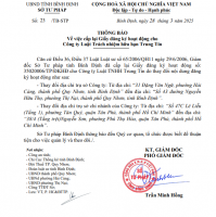 Thông báo về việc cấp lại Giấy đăng ký hoạt động cho Công ty Luật Trách nhiệm hữu hạn Trung Tín
