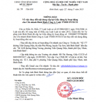 Thông báo Về việc thay đổi nội dung cấp lại Giấy đăng ký hoạt động cho Chi nhánh Bình Định-Công ty Luật TNHH INTECO