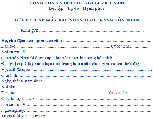 Ảnh chụp một phần tờ khai “cấp giấy xác nhận tình trạng hôn nhân”