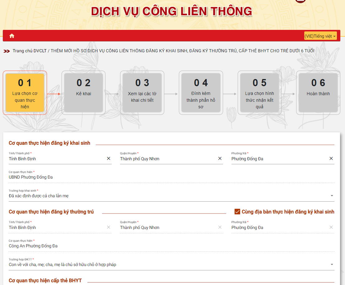 (Tờ khai điện tử liên thông đăng ký khai sinh, đăng ký thường trú và cấp thẻ bảo hiểm y tế cho trẻ em dưới 6 tuổi)
