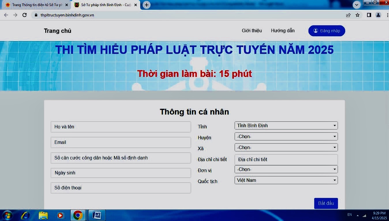 Hình ảnh giao diện cuộc thi trên Trang thông tin điện tử Sở Tư pháp