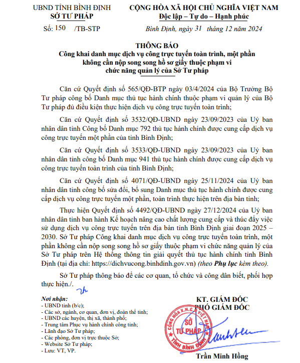 Thông báo công khai danh mục dịch vụ công trực tuyến toàn trình, một phần không cần nộp song song hồ sơ giấy thuộc phạm vi chức năng quản lý của Sở Tư pháp