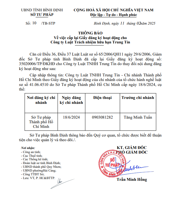 Thông báo Về việc cấp lại Giấy đăng ký hoạt động cho Công ty Luật Trách nhiệm hữu hạn Trung Tín