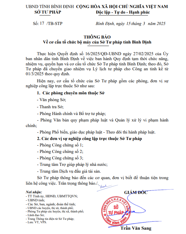 Thông báo Về cơ cấu tổ chức bộ máy của Sở Tư pháp tỉnh Bình Định