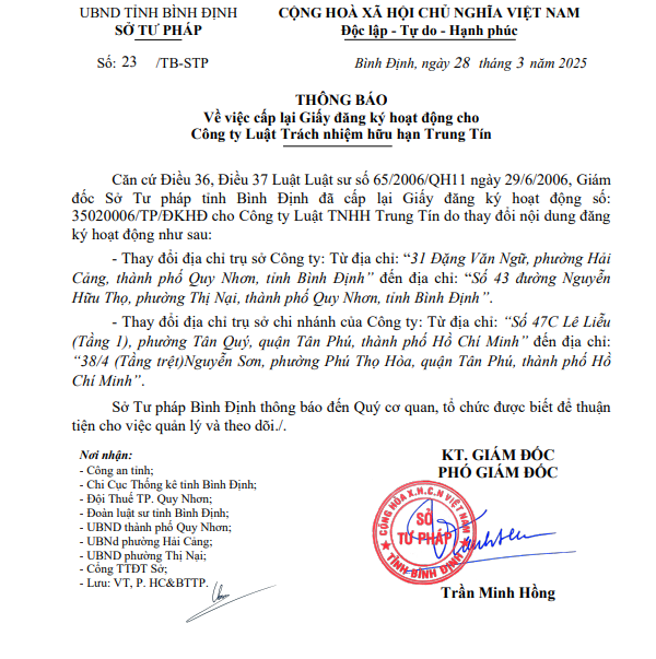 Thông báo về việc cấp lại Giấy đăng ký hoạt động cho Công ty Luật Trách nhiệm hữu hạn Trung Tín