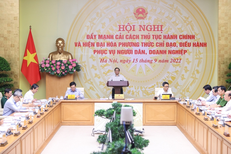 Thủ tướng Phạm Minh Chính chủ trì Hội nghị trực tuyến toàn quốc về cải cách hành chính.- Nguồn: VGP/Nhật Bắc
