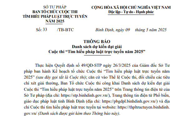 Thông báo Danh sách dự kiến đạt giải Cuộc thi “Tìm hiểu pháp luật trực tuyến năm 2025”