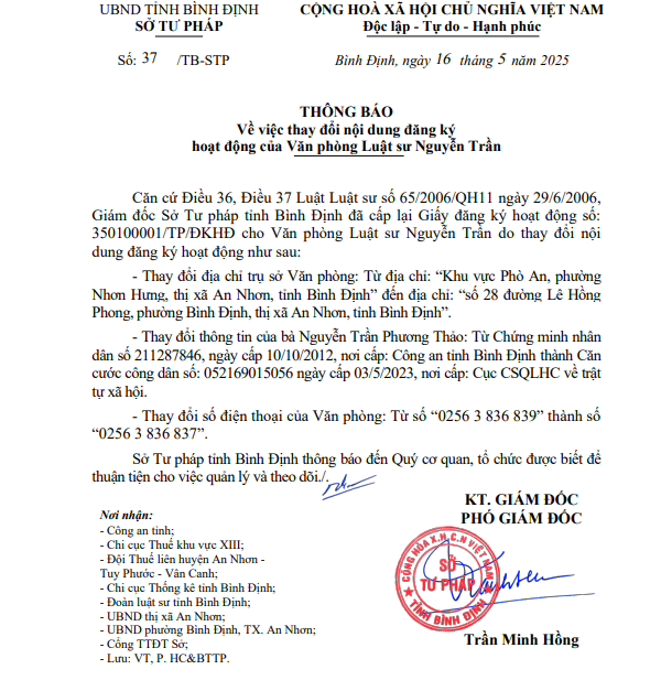 Thông báo Về việc thay đổi nội dung đăng ký hoạt động của tổ chức hành nghề Luật sư