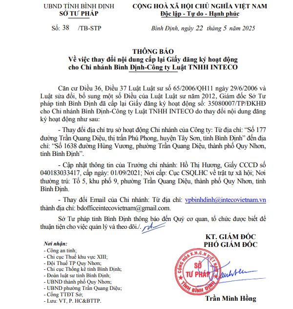 Thông báo Về việc thay đổi nội dung cấp lại Giấy đăng ký hoạt động cho Chi nhánh Bình Định-Công ty Luật TNHH INTECO
