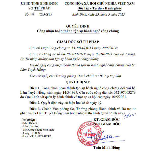 Quyết định Công nhận hoàn thành tập sự hành nghề công chứng