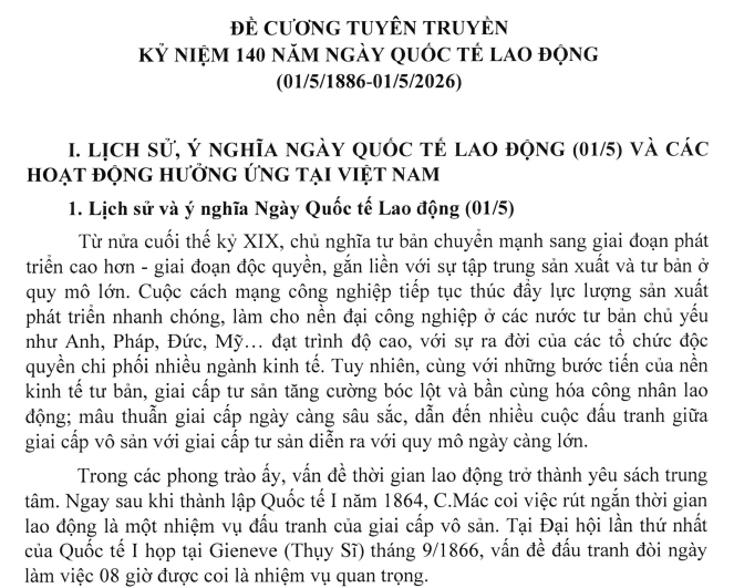 ĐỀ CƯƠNG TUYÊN TRUYỀN KỶ NIỆM 140 NĂM NGÀY QUỐC TẾ LAO ĐỘNG (01/5/1886-01/5/2026)