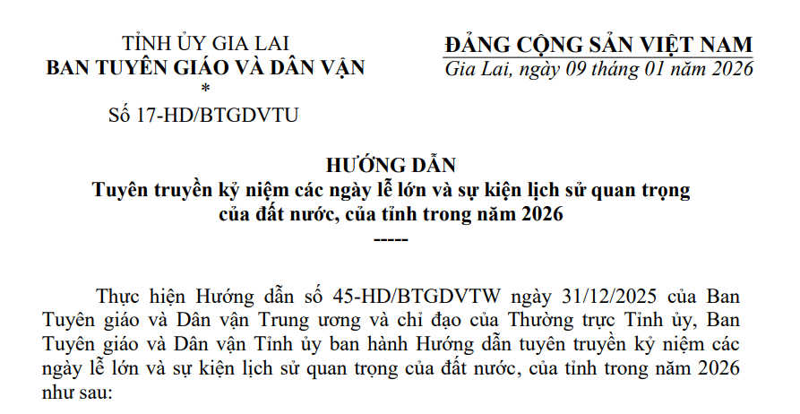 Hướng dẫn tuyên truyền kỷ niệm các ngày lễ lớn và sự kiện lịch sử quan trọng của đất nước, của tỉnh trong năm 2026